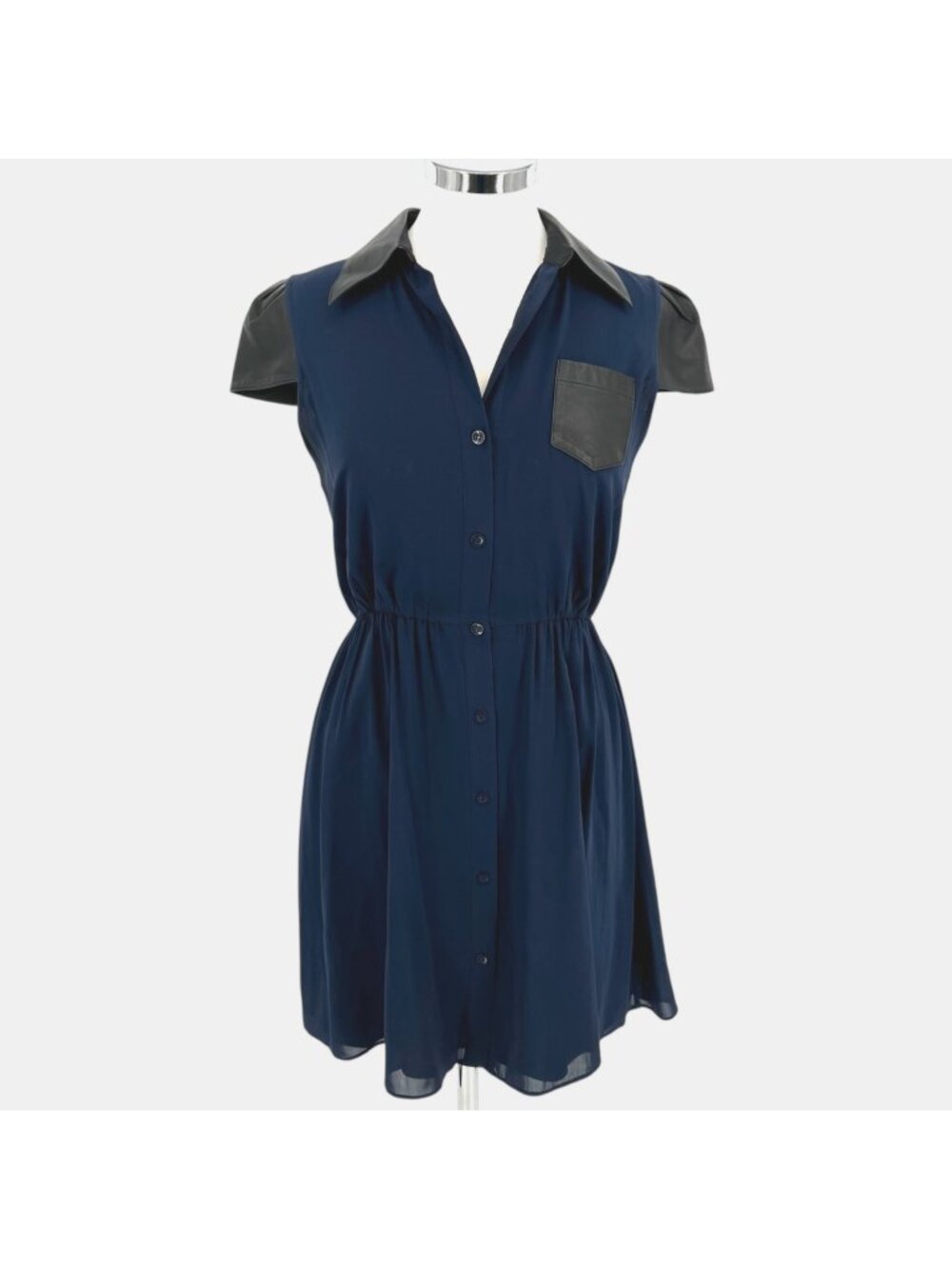 Alice + Olivia Kendale Leather Cap Sleeve Silk Shirt Dress Blue Black Size Small